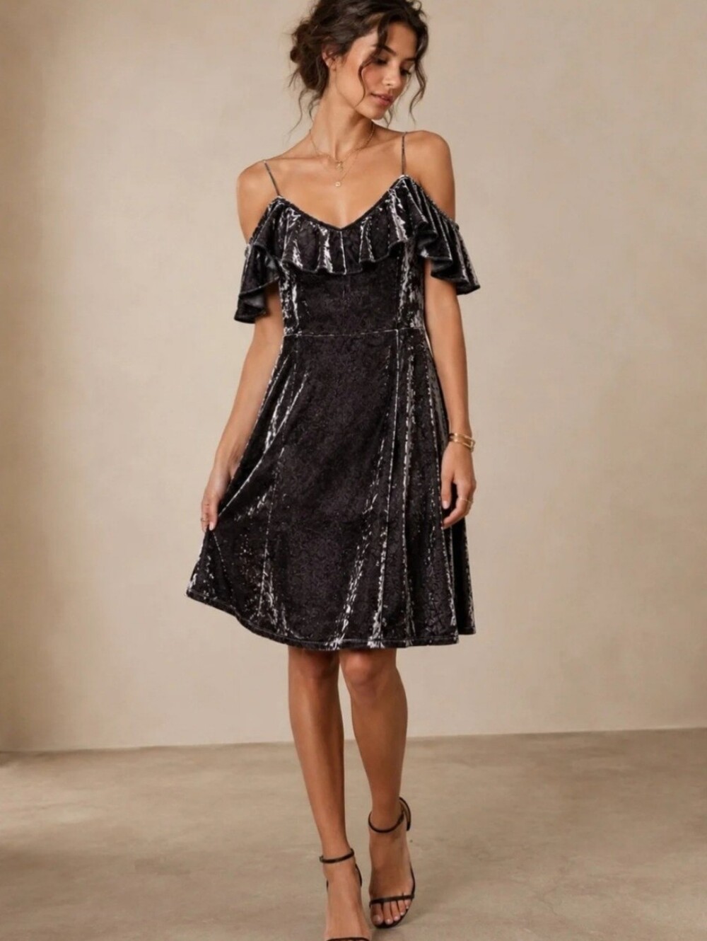 American Eaglr Velvet Off-Shoulder Ruffle Dress in Soft Gray